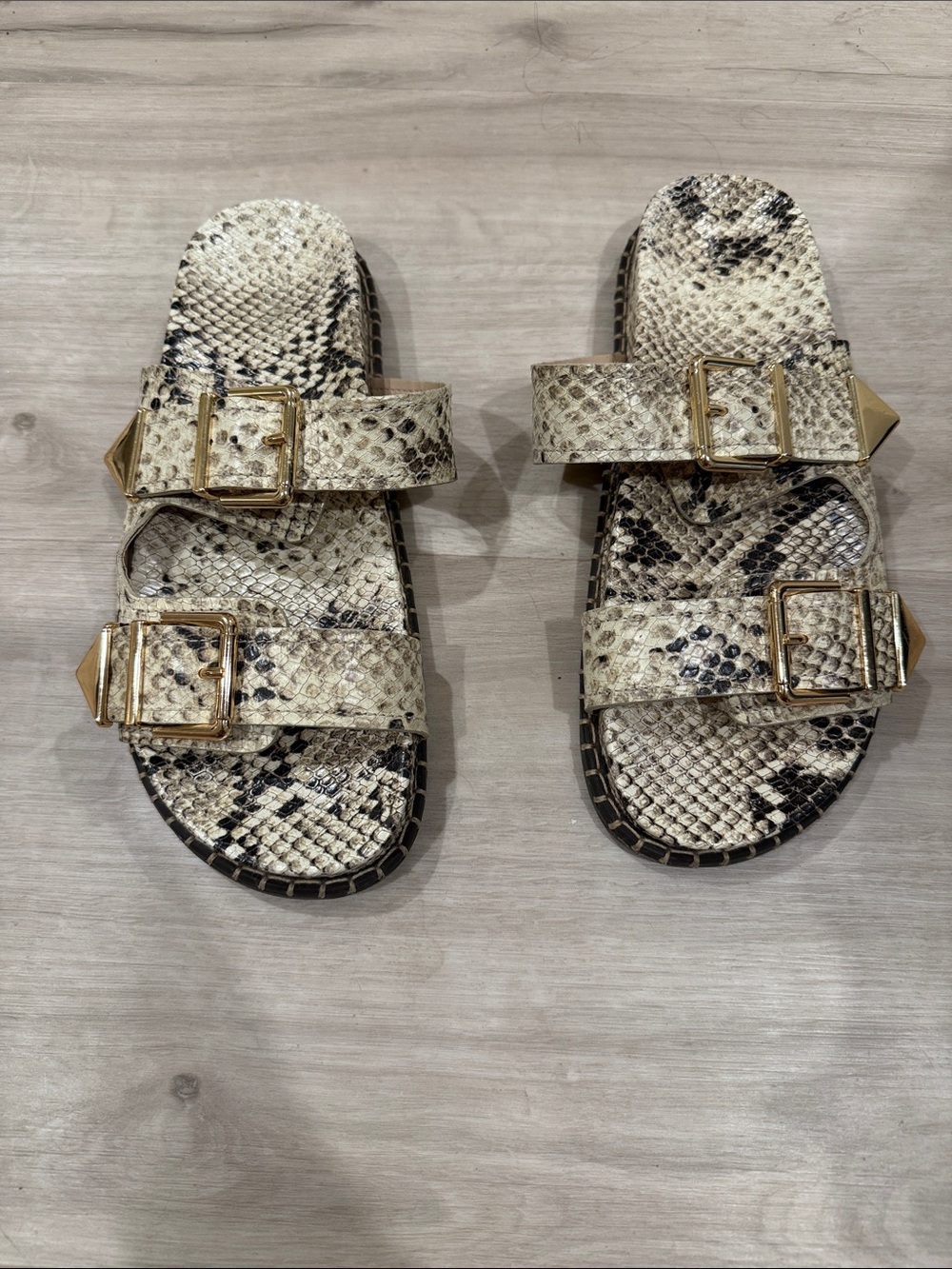SCHUTZ Snake-Print Double Buckle Slide Sandals in Cream and Black Size 10